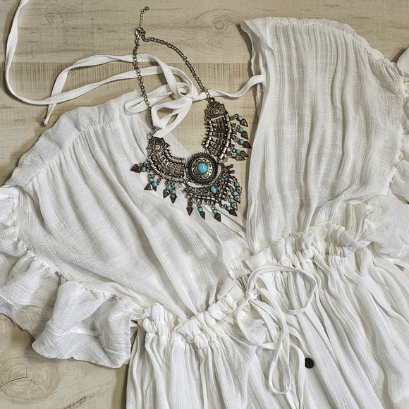 New Gauzy Cover Up Maxi Dress Button Front Deep Plunge White - Picture 6 of 12